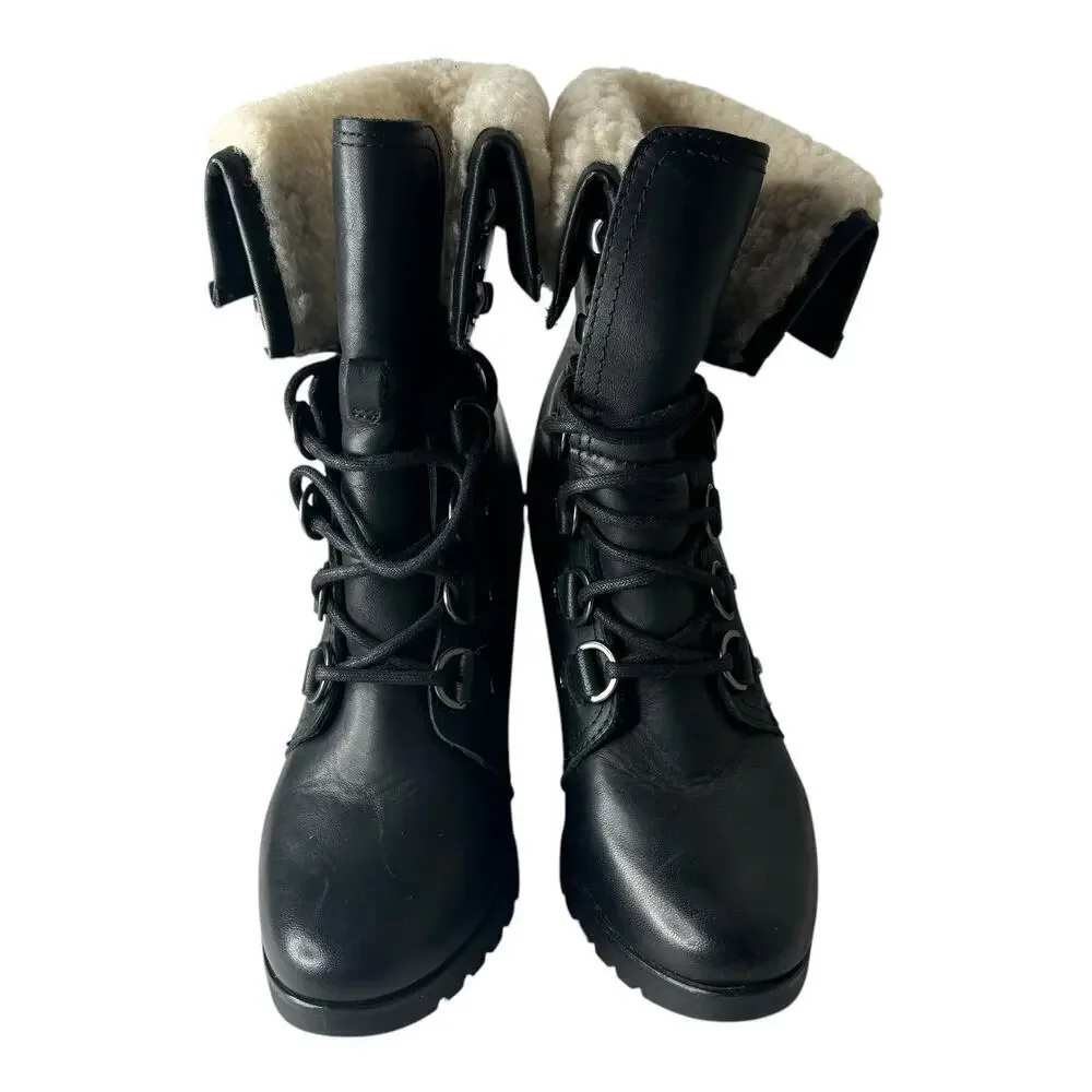 Sorel After Hours Lace-Up Faux Shearling Boots Black Size 9